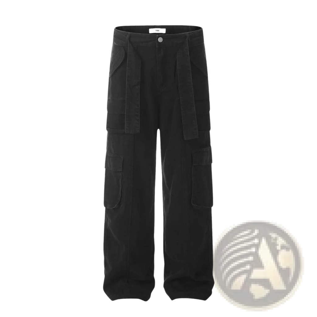 Men’s slim fit black cotton denim cargo overalls with multiple pockets and relaxed wide-leg cut shown from the back