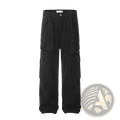 Men’s slim fit black cotton denim cargo overalls with multiple pockets and relaxed wide-leg cut shown from the back