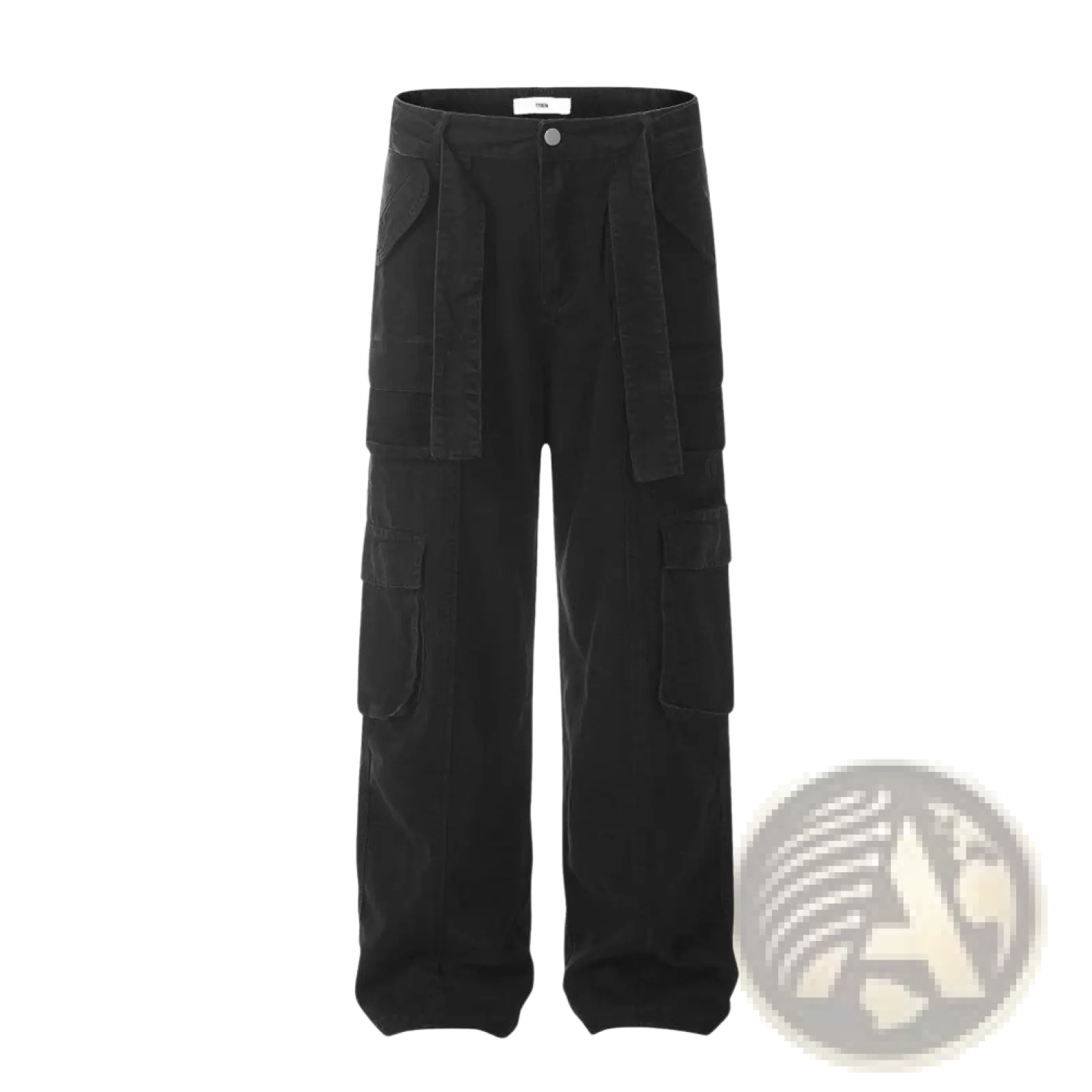 Men’s slim fit black cotton denim cargo overalls with multiple pockets and relaxed wide-leg cut shown from the back