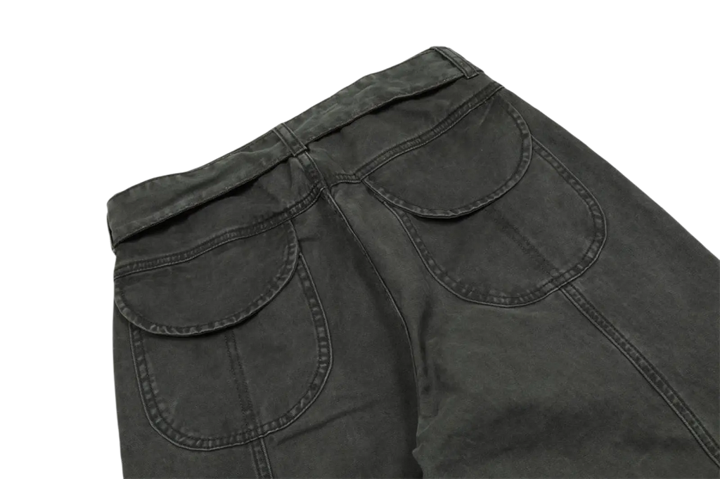 Back view of men’s slim fit black cotton denim cargo overalls with classic pockets and visible stitching