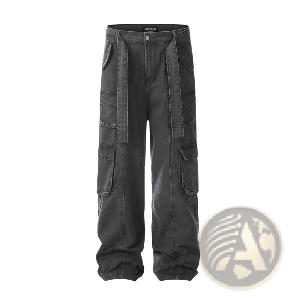 Men’s slim fit dark gray cotton denim cargo overalls with multiple pockets and a drawstring waistband