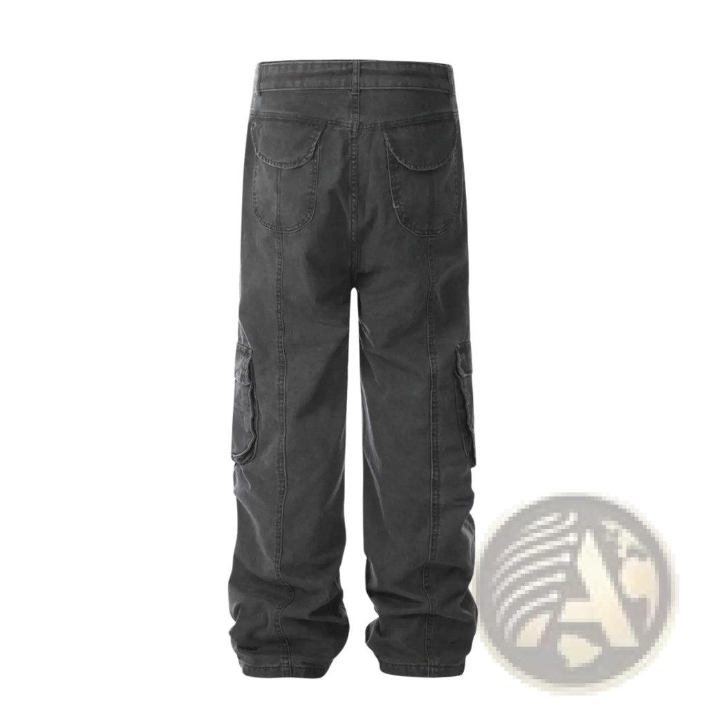 Men’s slim fit dark gray cotton denim cargo overalls with multiple pockets and a relaxed fit for casual wear