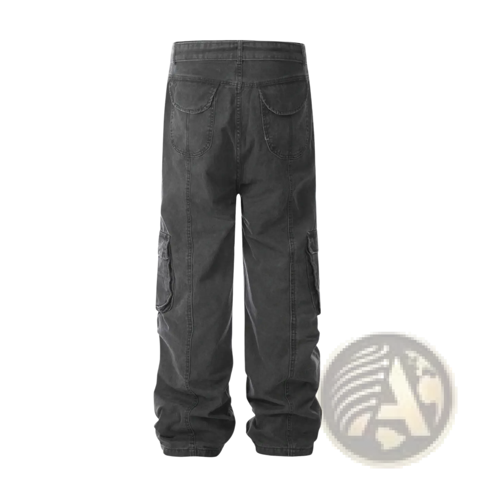 Men’s slim fit dark gray cotton denim cargo overalls with multiple pockets and a relaxed fit for casual wear