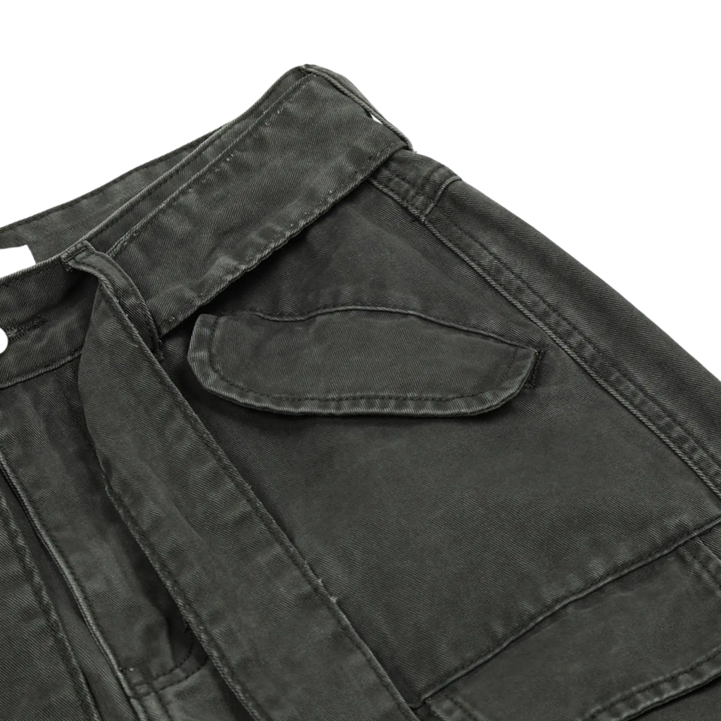 Dark gray cotton denim shorts with a belted waist and multiple pockets in men’s slim fit cargo style