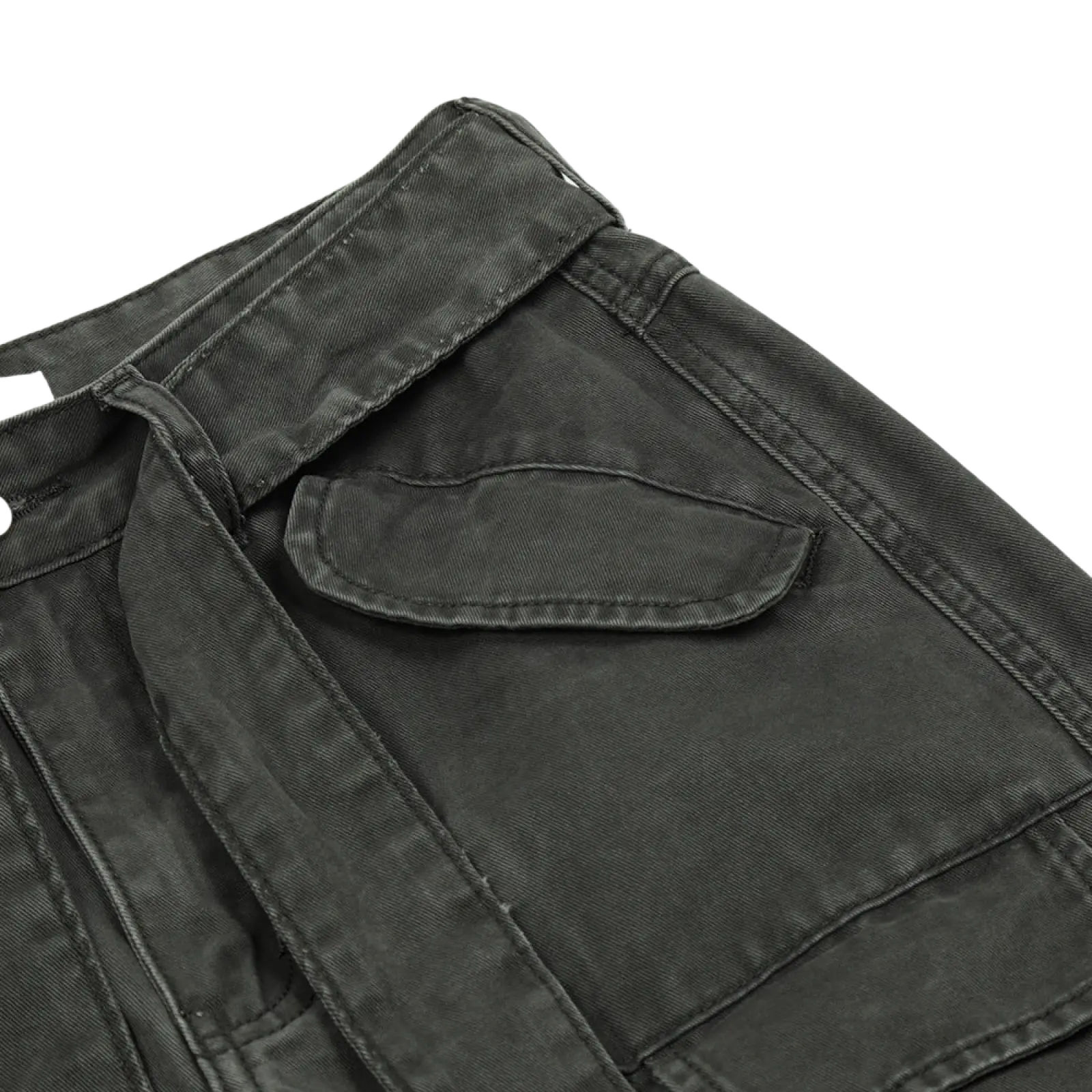 Dark gray cotton denim shorts with a belted waist and multiple pockets in men’s slim fit cargo style