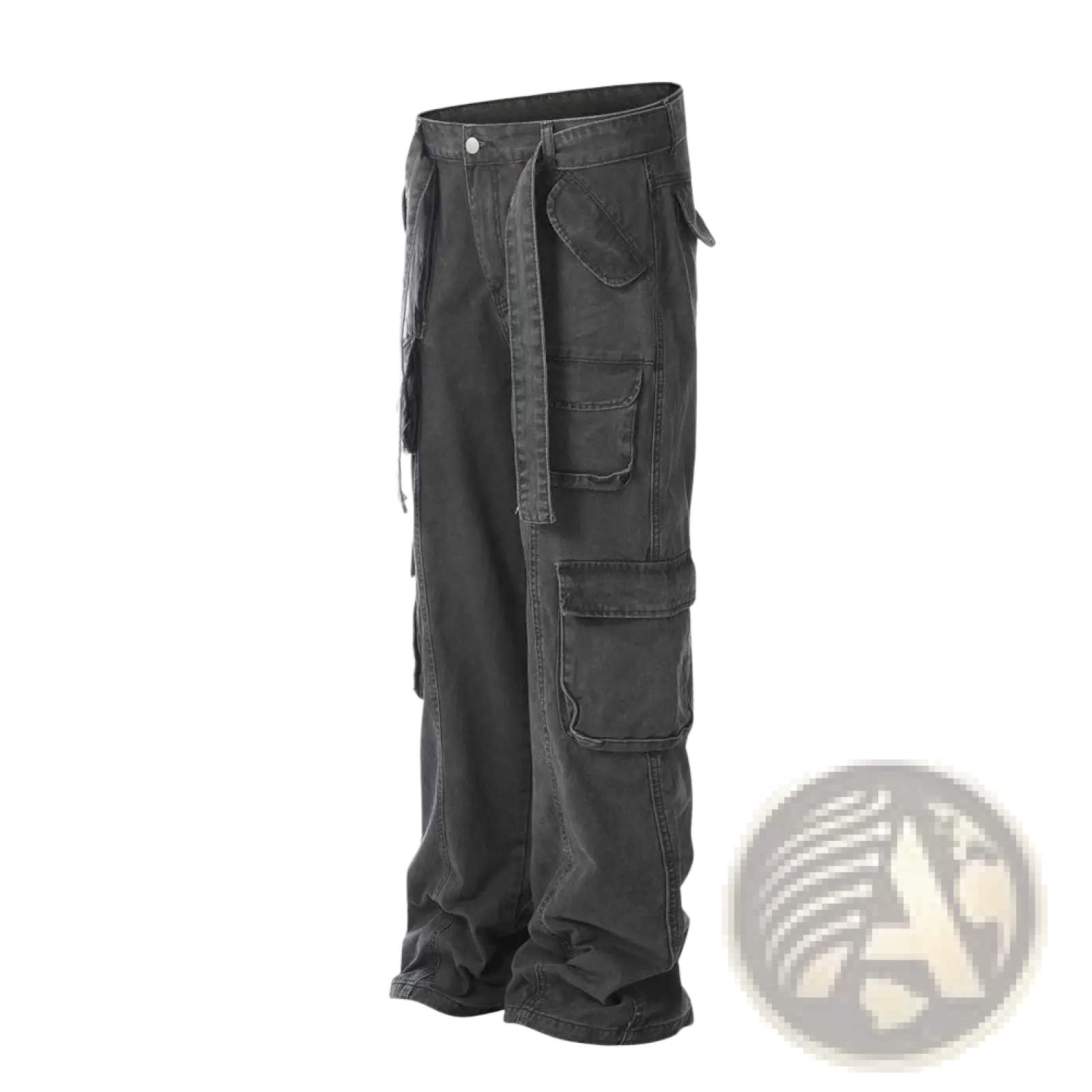 Men’s slim fit dark gray cotton denim cargo overalls with multiple pockets and drawstring waistband