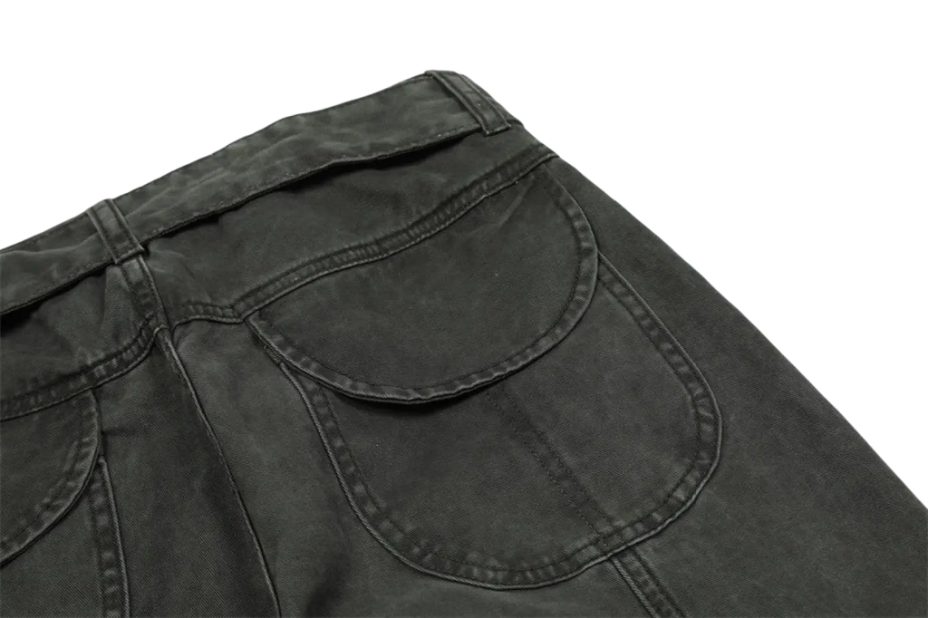 Men’s slim fit multi pocket cotton denim cargo overalls in dark gray denim faded wash shown from the back side