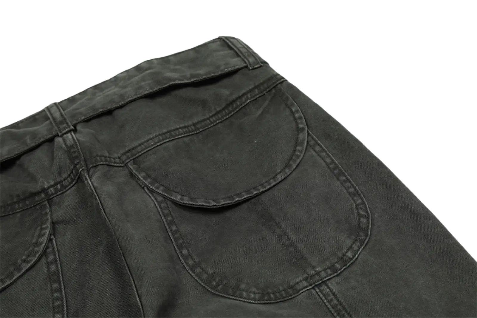Men’s slim fit multi pocket cotton denim cargo overalls in dark gray denim faded wash shown from the back side