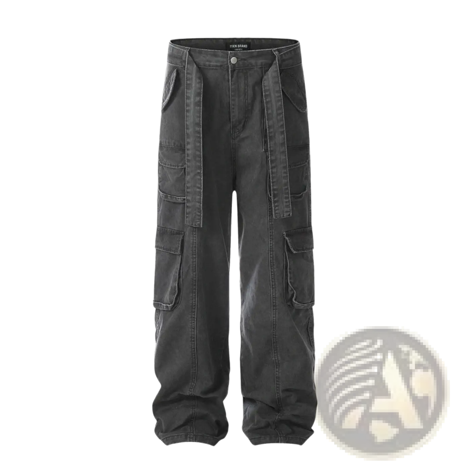 Dark gray slim fit cotton denim cargo pants with multiple pockets and drawstring waistband for men