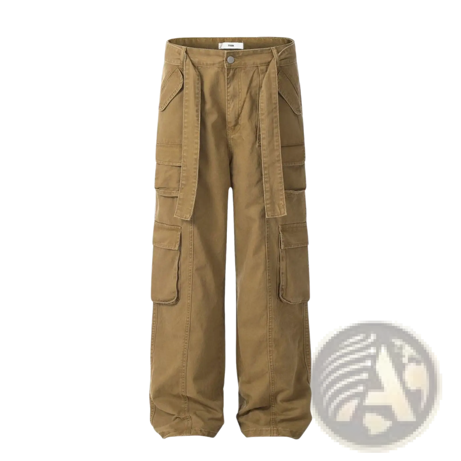 Men’s slim fit tan cotton denim cargo overalls with multiple pockets and drawstring waistband