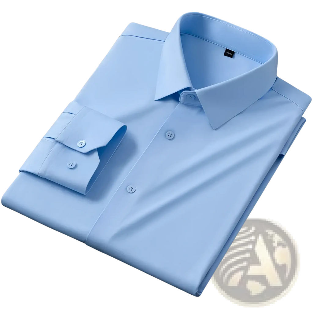 A crisp light blue men’s slim fit nylon formal dress shirt with classic collar and buttoned cuffs neatly folded