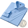 A crisp light blue men’s slim fit nylon formal dress shirt with classic collar and buttoned cuffs neatly folded