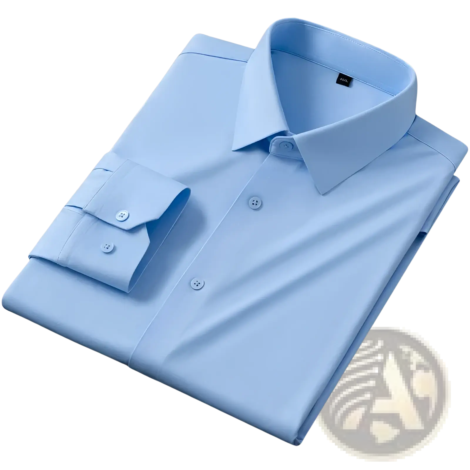 A crisp light blue men’s slim fit nylon formal dress shirt with classic collar and buttoned cuffs neatly folded