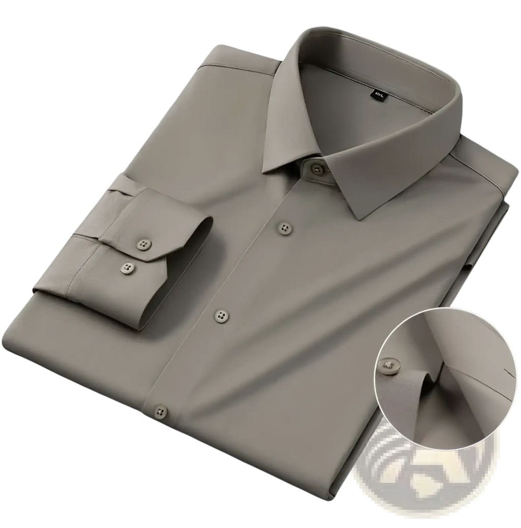 Beige men’s slim fit nylon formal dress shirt with long sleeves classic collar and buttoned cuffs