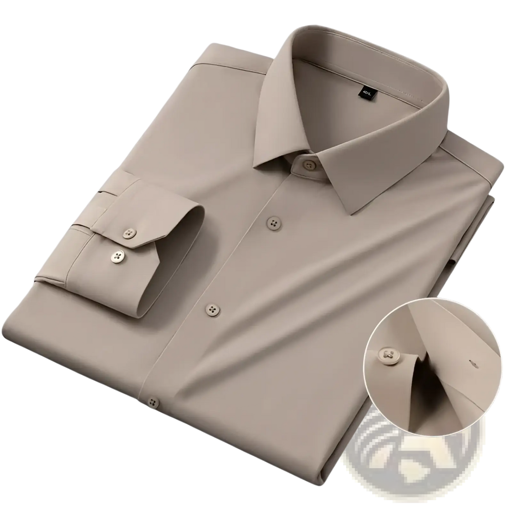 Men’s slim fit nylon formal dress shirt beige long-sleeved with classic collar and buttoned cuffs