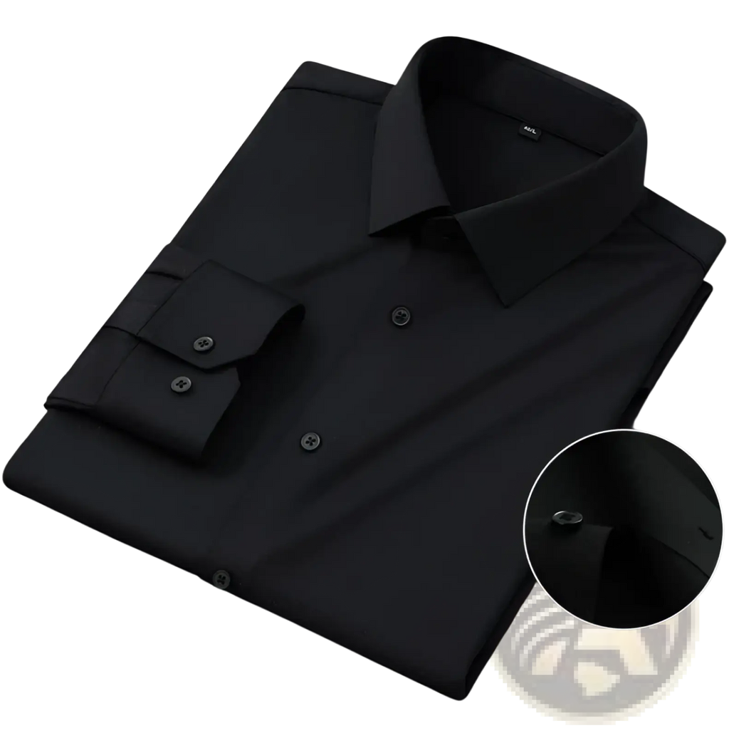Men’s slim fit black nylon formal dress shirt with crisp collar buttoned cuffs and subtle fabric texture