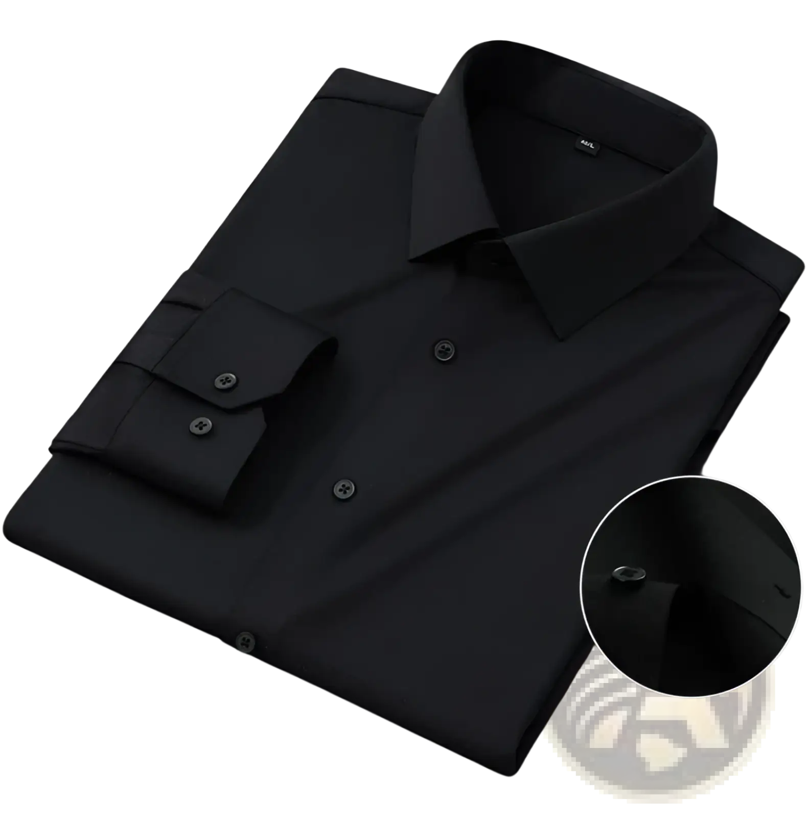 Men’s slim fit black nylon formal dress shirt with crisp collar buttoned cuffs and subtle fabric texture