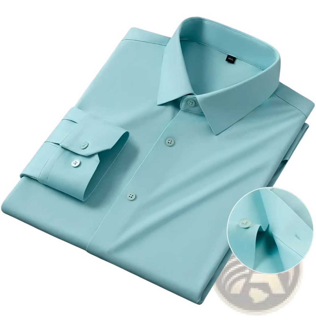 A crisp light blue men’s slim fit nylon formal dress shirt with classic collar and buttoned cuffs