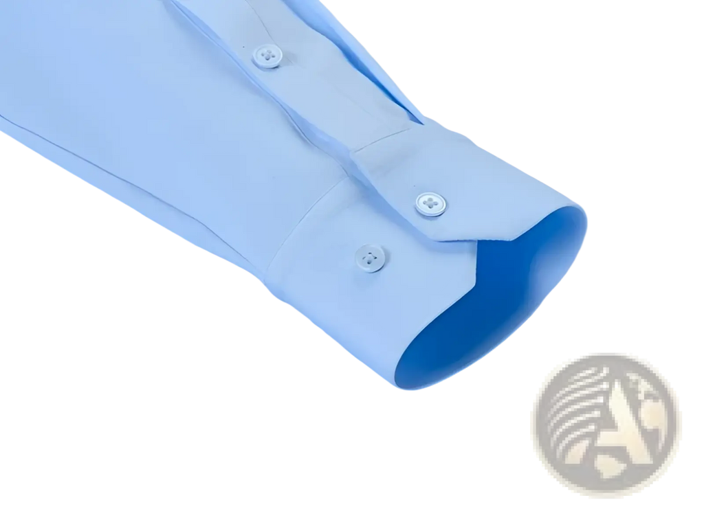Men’s slim fit nylon formal dress shirt with light blue cotton cuff and white buttons