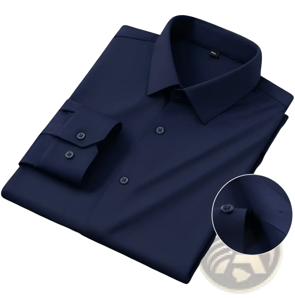 Men’s slim fit navy blue nylon formal dress shirt with a crisp collar and buttoned cuffs for elegant occasions