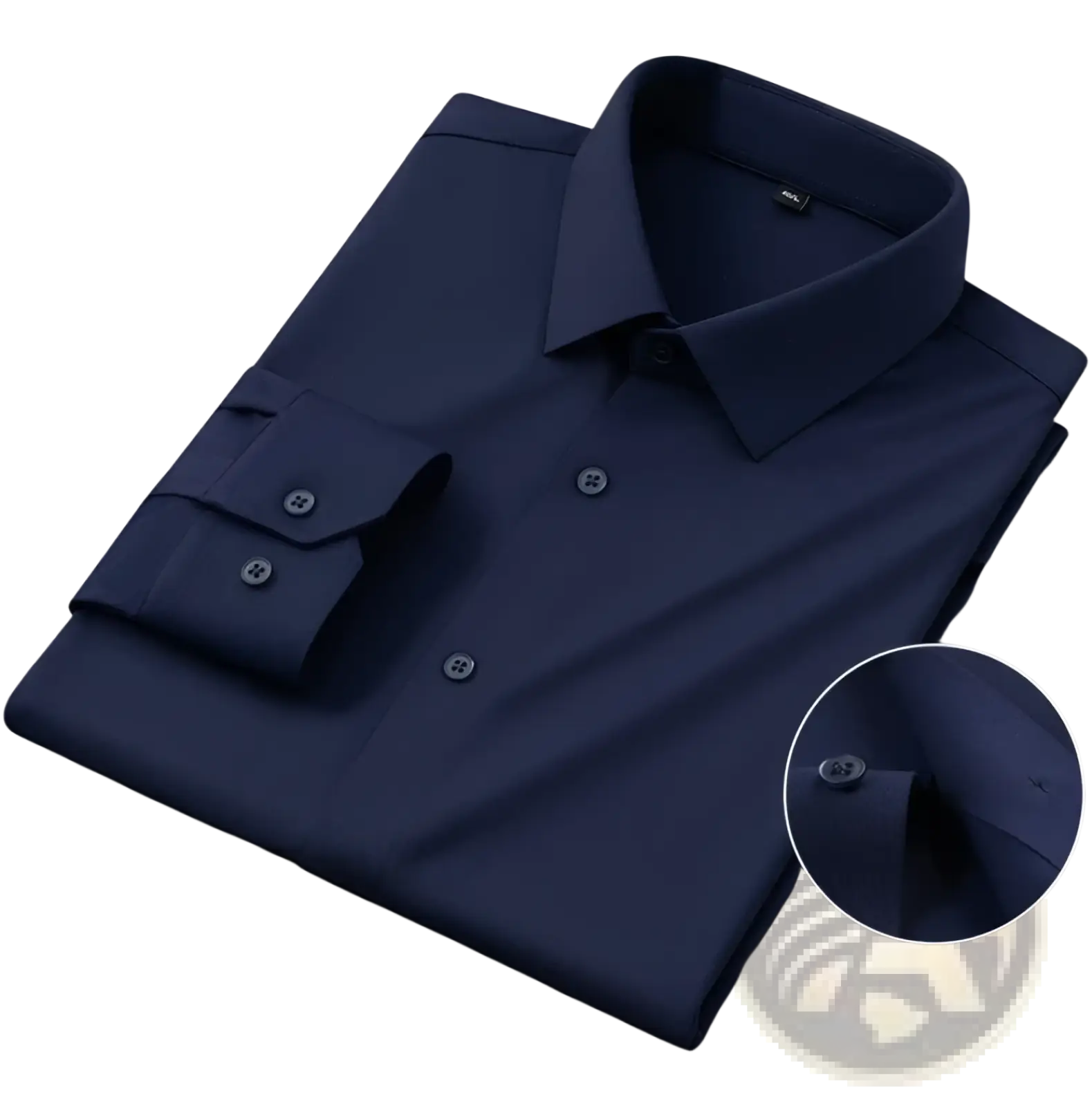 Men’s slim fit navy blue nylon formal dress shirt with a crisp collar and buttoned cuffs for elegant occasions