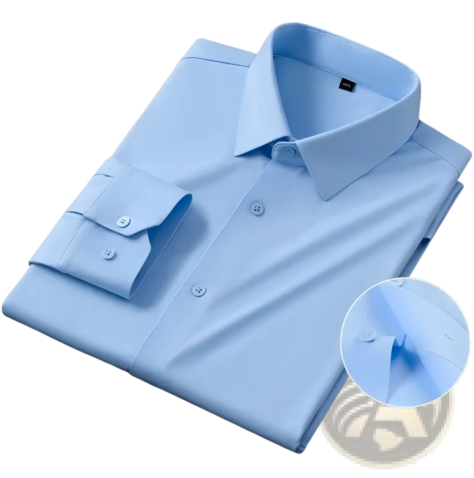 A neatly folded light blue men’s slim fit nylon formal dress shirt with a crisp collar and buttoned cuffs