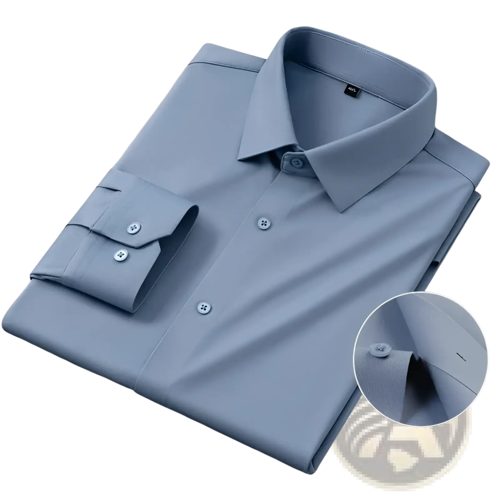 Men’s slim fit nylon formal dress shirt in light blue with a crisp collar, buttoned cuffs, and subtle stitching details