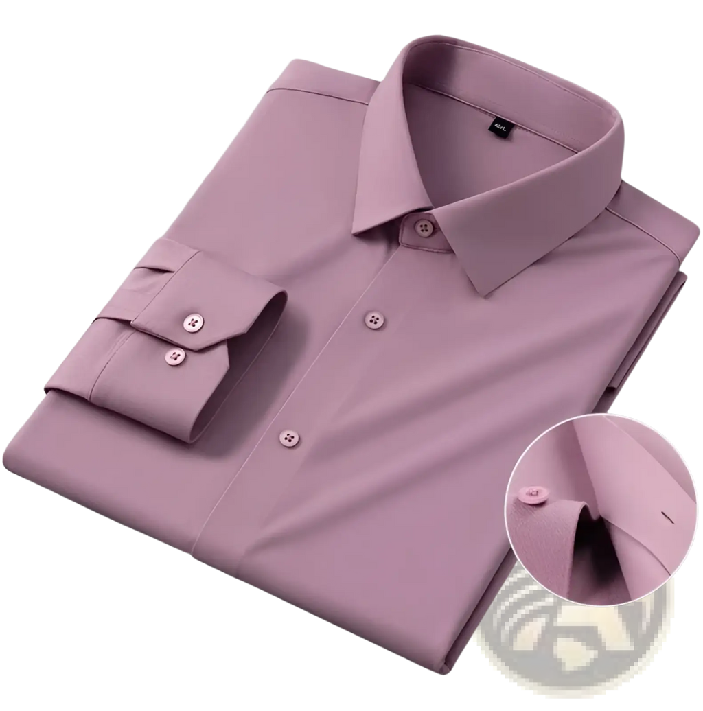 Men’s slim fit nylon formal dress shirt in soft lavender with classic collar and buttoned cuffs neatly folded