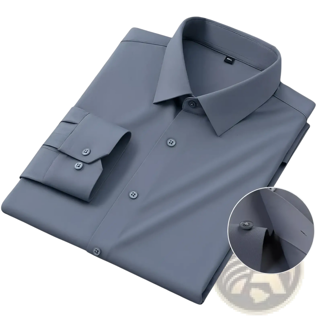 Men’s slim fit nylon formal dress shirt in solid light gray with button-down collar and cuffs neatly folded