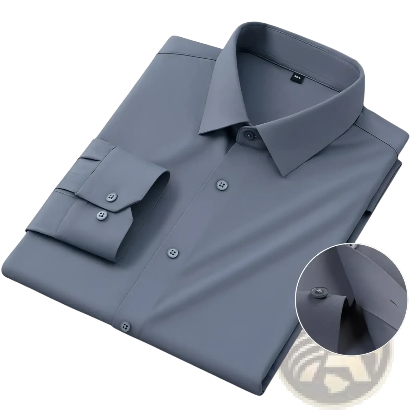 Men’s slim fit nylon formal dress shirt in solid light gray with button-down collar and cuffs neatly folded