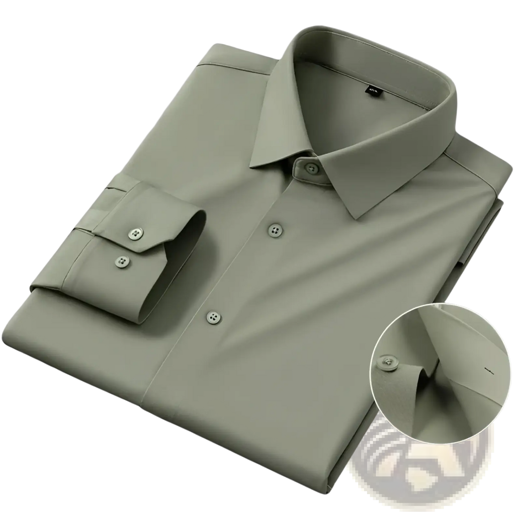 Men’s slim fit nylon formal dress shirt in olive green with classic collar and buttoned cuffs neatly folded