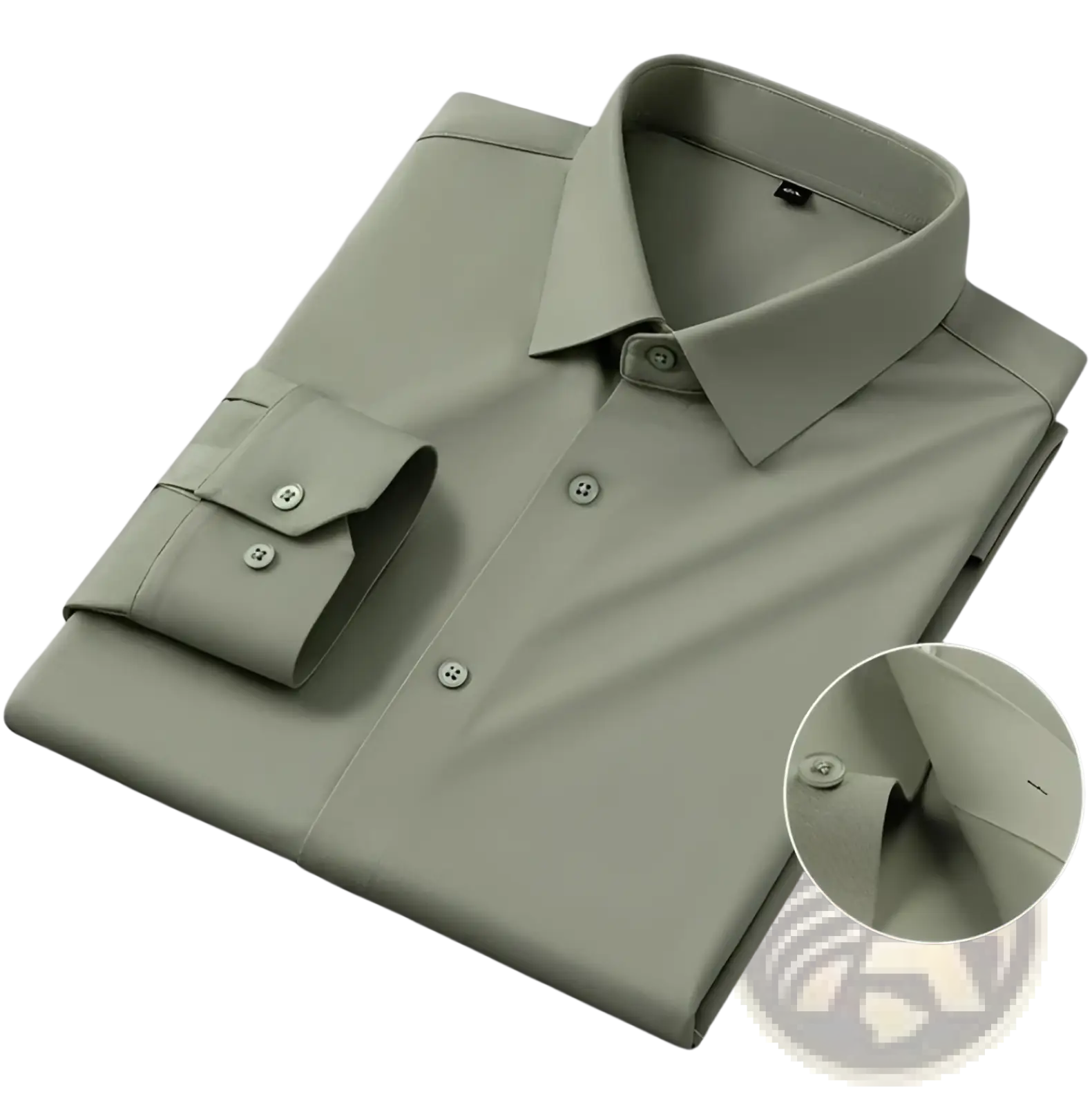 Men’s slim fit nylon formal dress shirt in olive green with classic collar and buttoned cuffs neatly folded