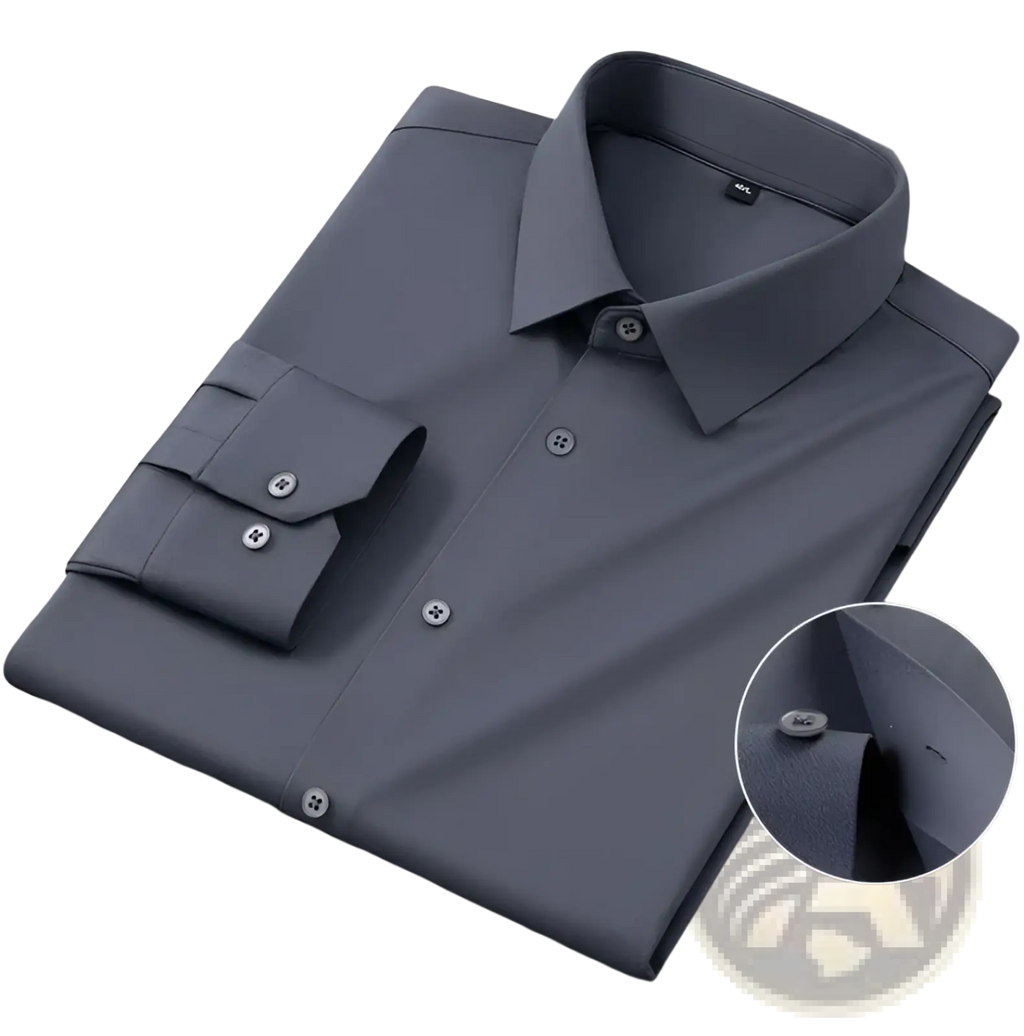 Men’s slim fit nylon formal dress shirt in sleek dark gray with a crisp collar and buttoned cuffs