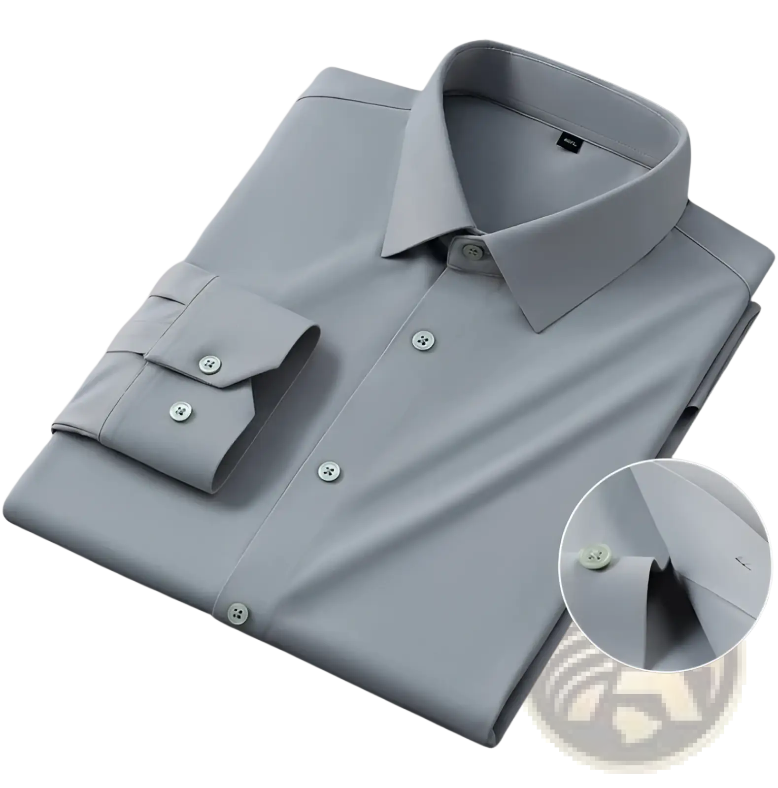 Men’s slim fit nylon formal dress shirt in sleek light gray with a crisp collar and buttoned cuffs for professional wear