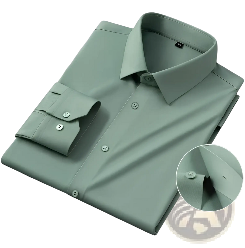 Men’s slim fit nylon formal dress shirt in sleek light green with a crisp collar and buttoned cuffs