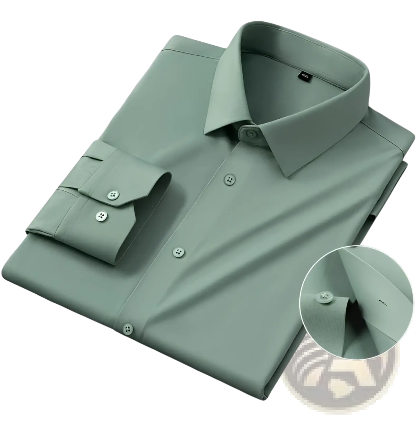 Men’s slim fit nylon formal dress shirt in sleek light green with a crisp collar and buttoned cuffs