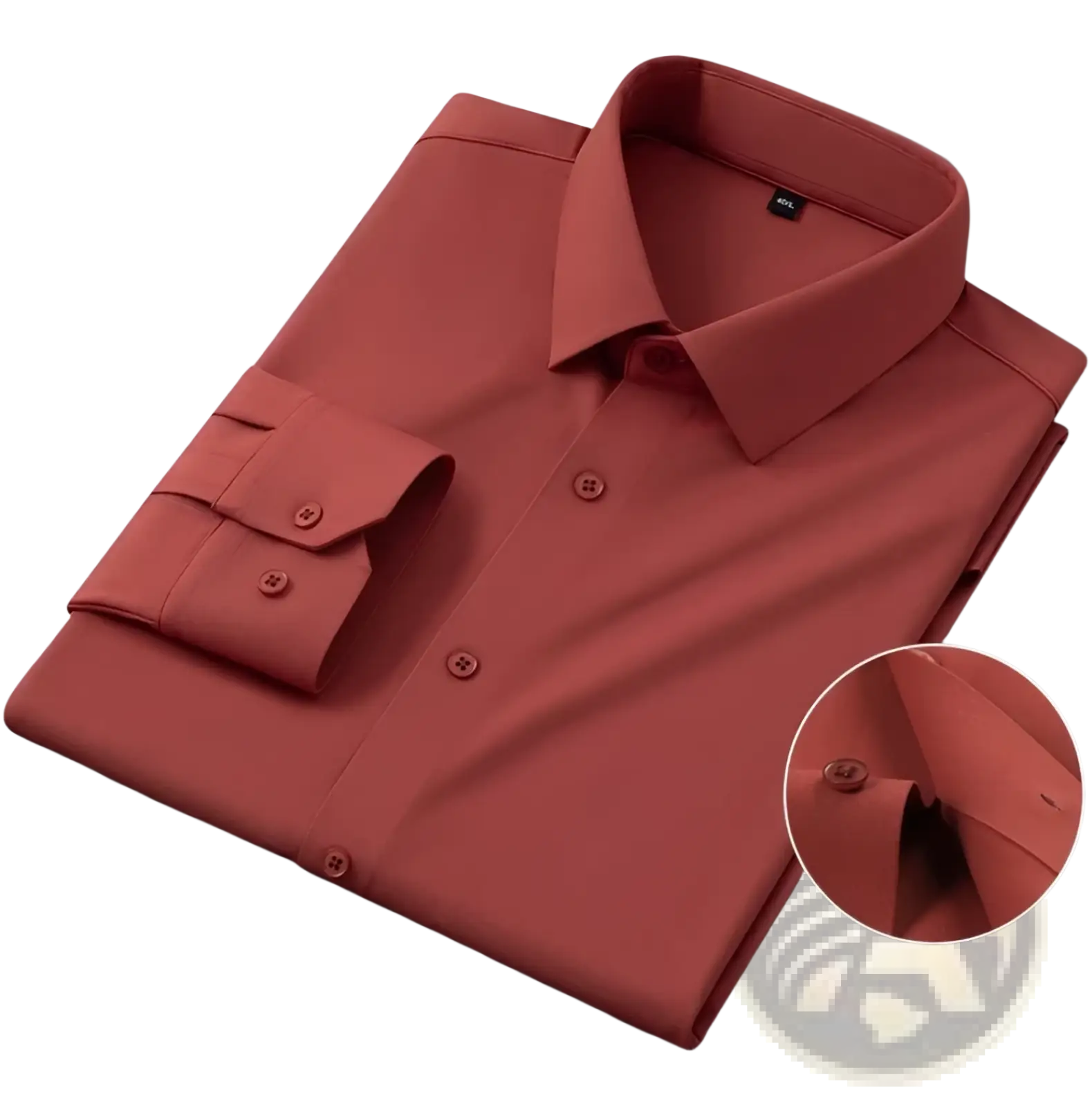 A sleek rust-colored men’s slim fit nylon formal dress shirt with a crisp collar and buttoned cuffs
