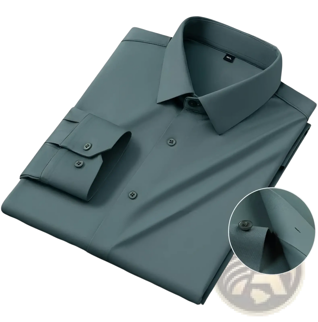 Men’s slim fit nylon formal dress shirt in teal with a crisp collar and buttoned cuffs for a sleek appearance