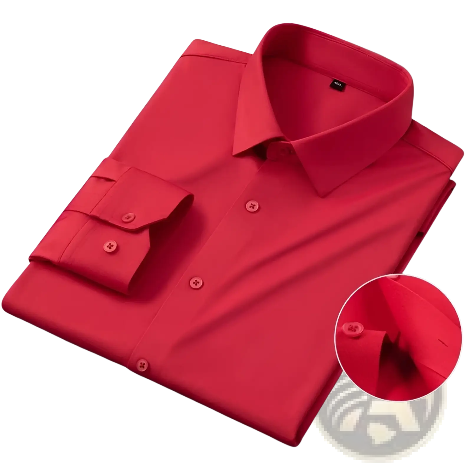 Men’s slim fit nylon formal dress shirt in vibrant red with long sleeves, crisp collar, and matching buttons