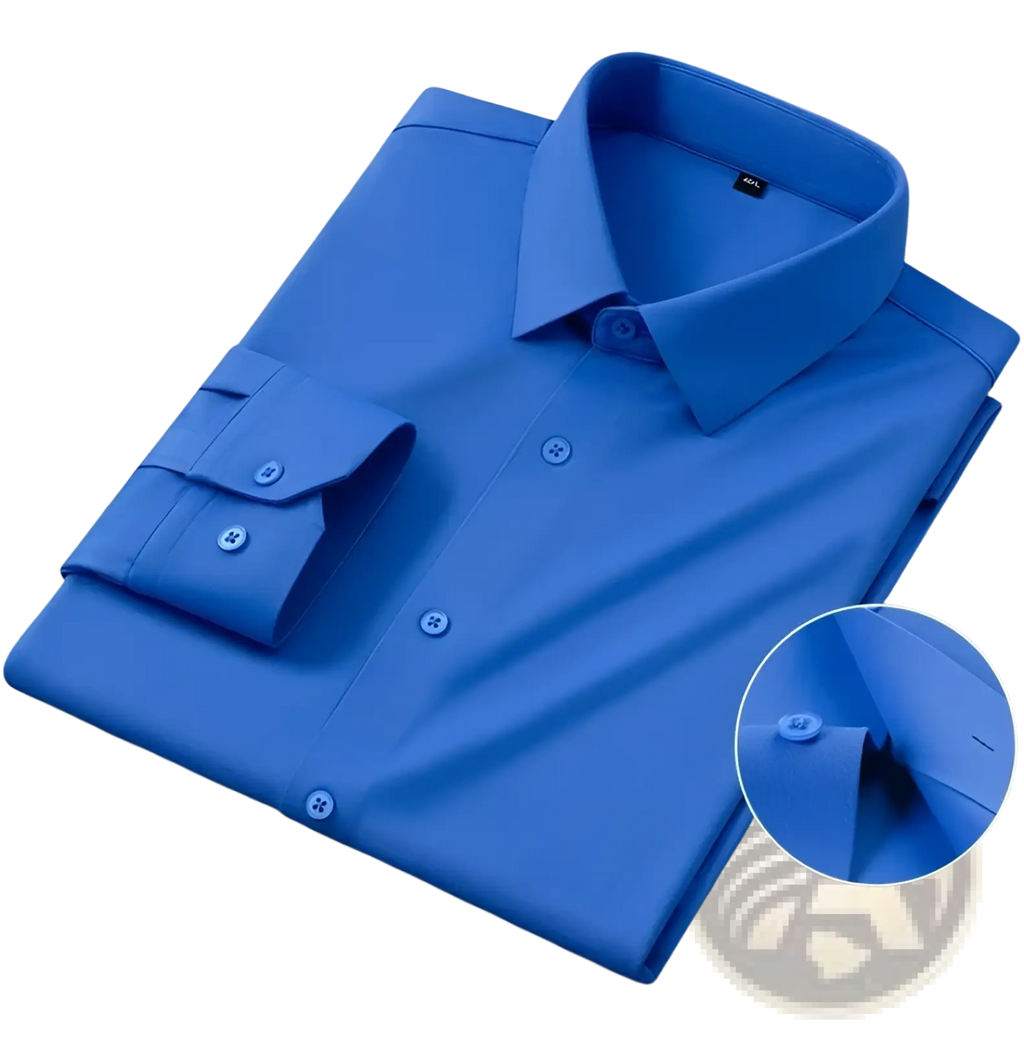 Men’s slim fit nylon formal dress shirt in vibrant royal blue with a crisp collar and matching buttoned cuffs