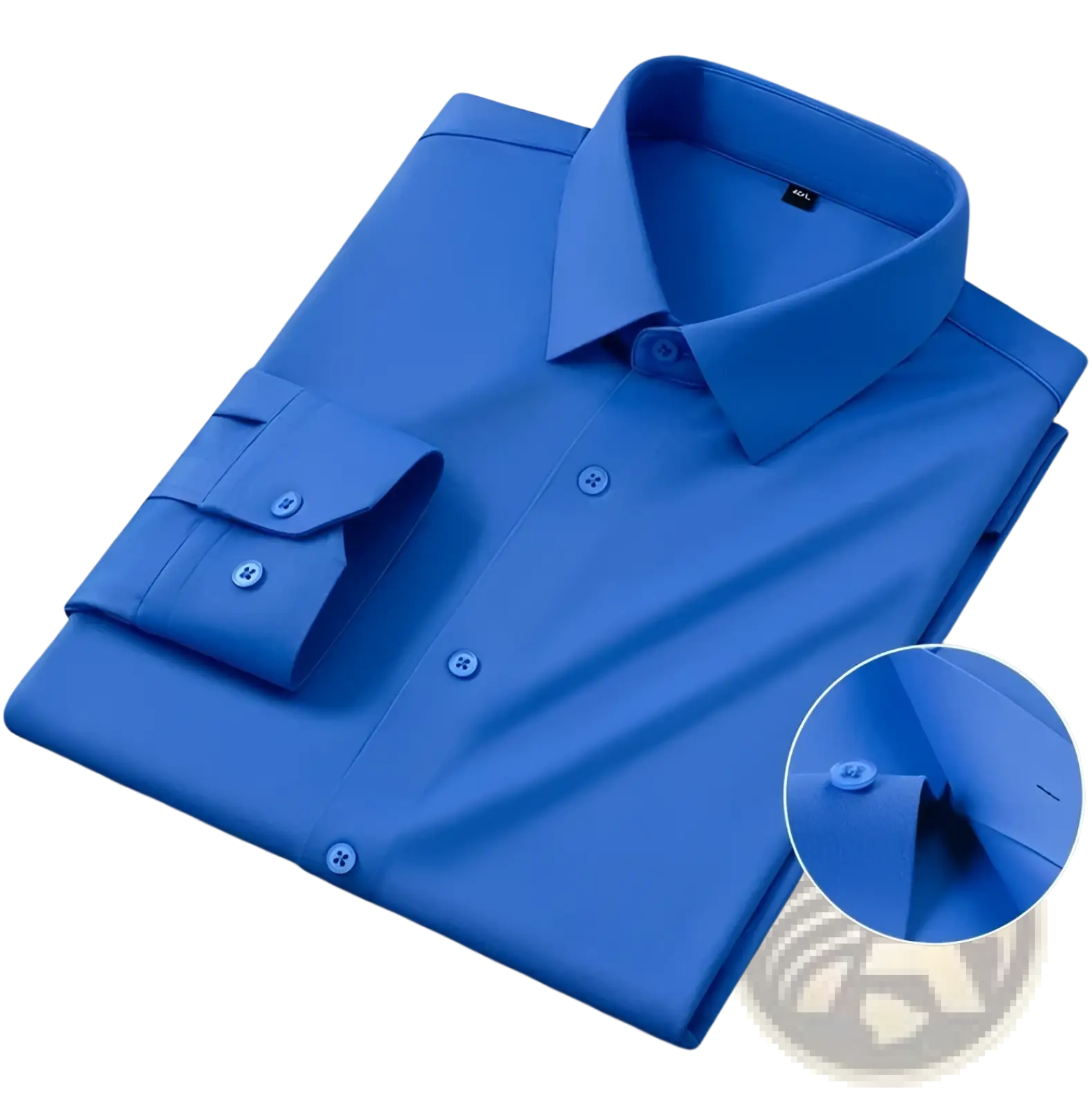 Men’s slim fit nylon formal dress shirt in vibrant royal blue with a crisp collar and matching buttoned cuffs