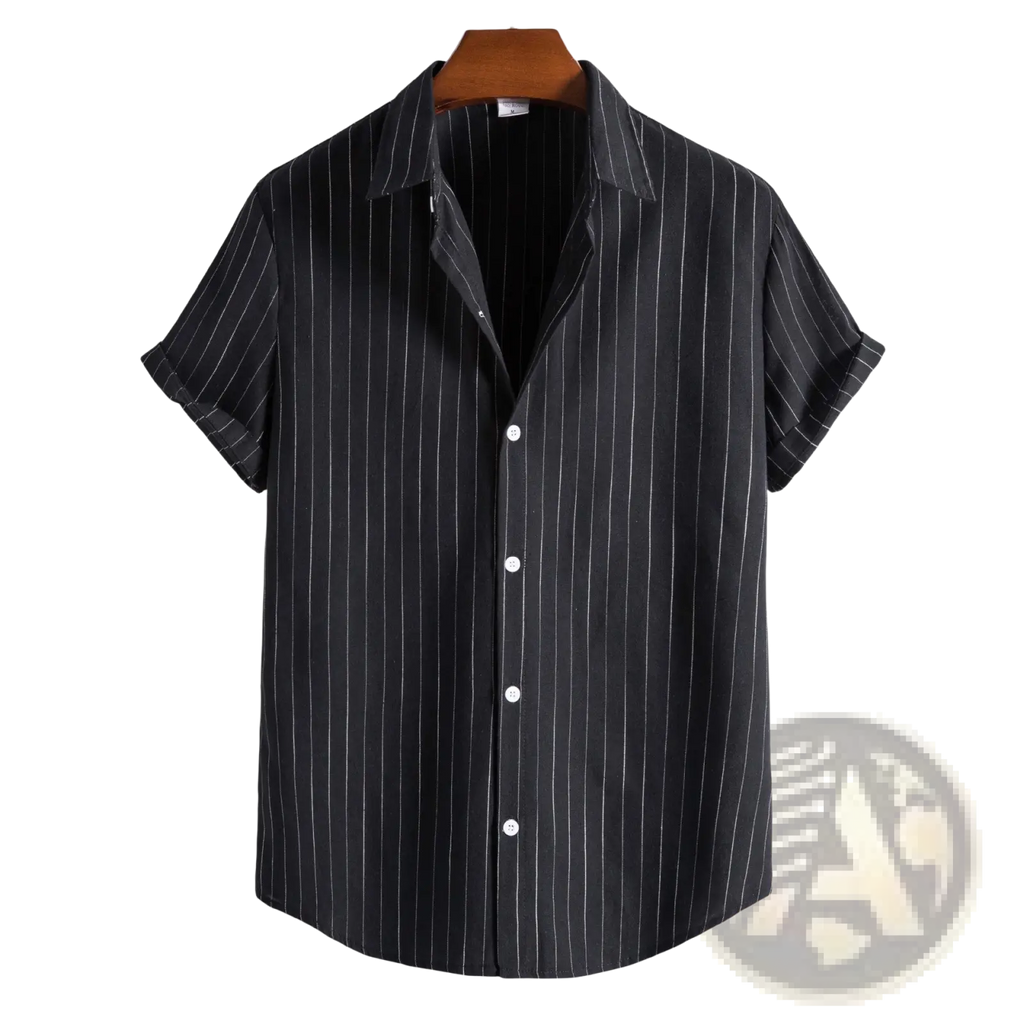 Men’s slim fit short sleeve button up shirt in black with thin white vertical pinstripes for a casual look