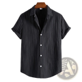 Men’s slim fit short sleeve button up shirt in black with thin white vertical pinstripes for a casual look