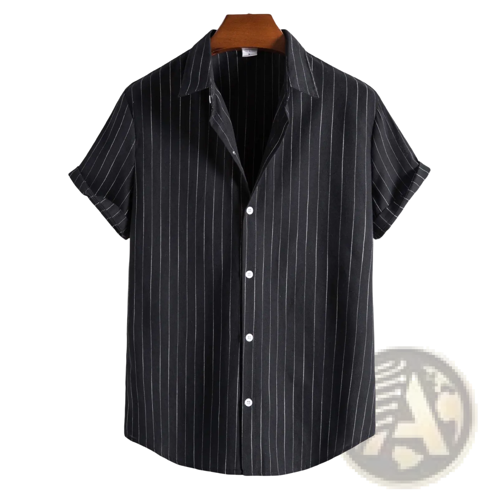 Men’s slim fit black short sleeve button up shirt with thin white pinstripe pattern for casual wear