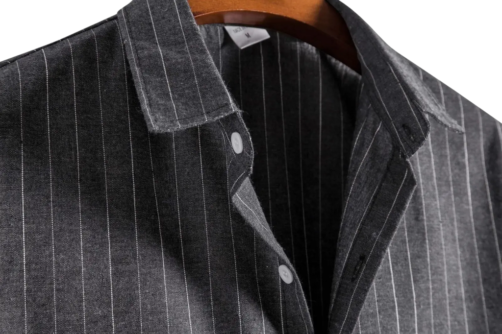 Men’s slim fit dark gray pinstripe button-down shirt with subtle white stripes and a classic collar