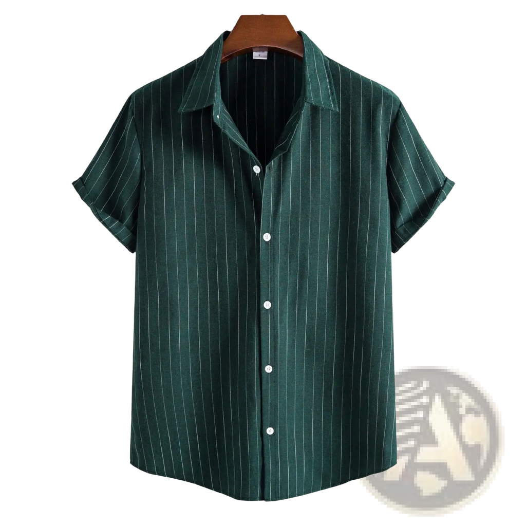 Men’s slim fit dark green short sleeve button up shirt with thin white pinstripes for casual wear