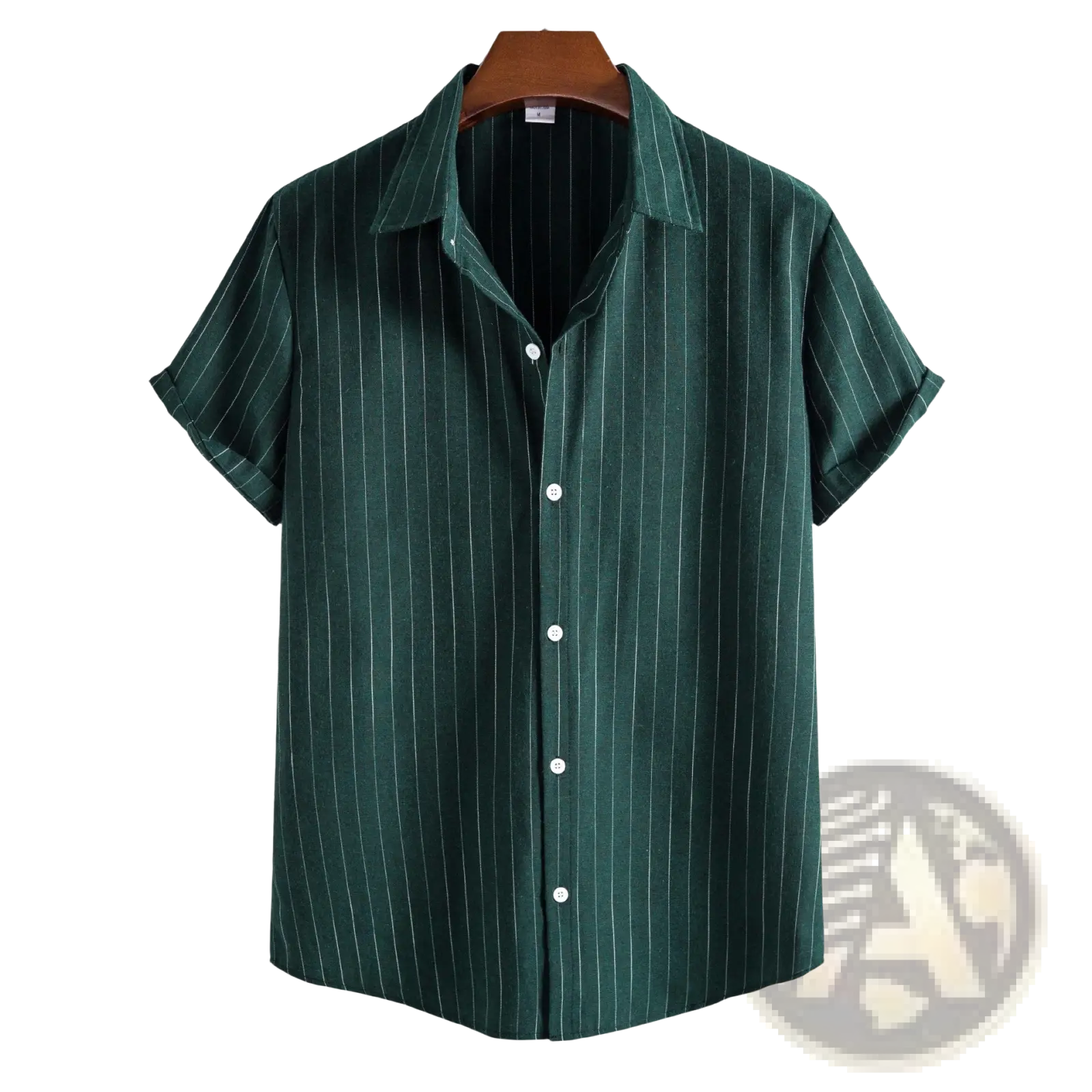 Men’s slim fit dark green short sleeve button up shirt with thin white pinstripes for casual wear