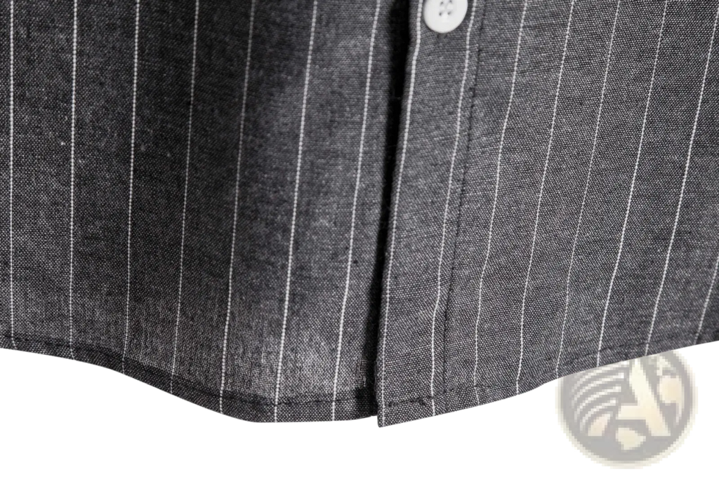 Men’s slim fit dark gray pinstripe button-up shirt with fine white stripes and a white button at the collar