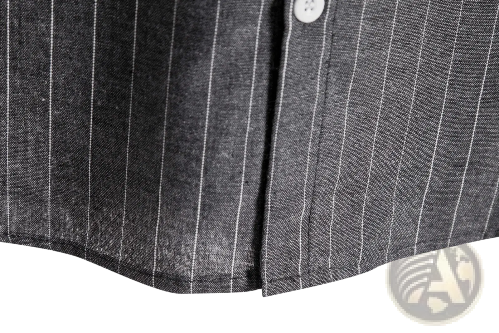 Men’s slim fit dark gray pinstripe button-up shirt with fine white stripes and a white button at the collar