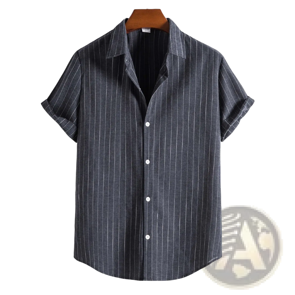 Men’s slim fit pinstripe short sleeve button up shirt in dark gray with thin white vertical stripes and a collar